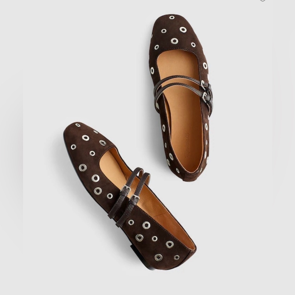 Madewell Greta Brown Dark Carob Suede Ballet Flats w Silver Eyelet 7 1/2 Worn 1X